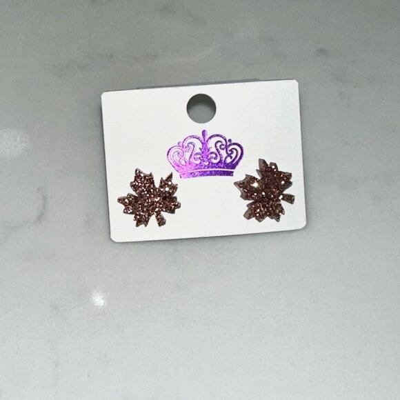 Autumn Brown Glitter Leaf Stud Earrings | Sz OS, NWOT - Picture 2 of 3